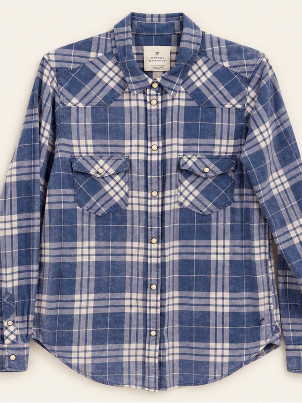American Eagle Vintage Boyfriend Western Pearl Snap Shirt M Blue Plaid